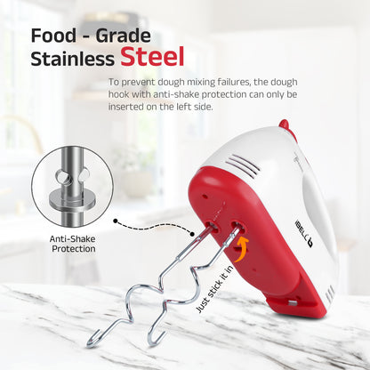 iBELL WHISK280 Hand Mixer, 280W, 7 Speed Control Plus Turbo, Beater/Blender/Electric Cream Maker for Cakes, stainless, Dough Hooks (White)