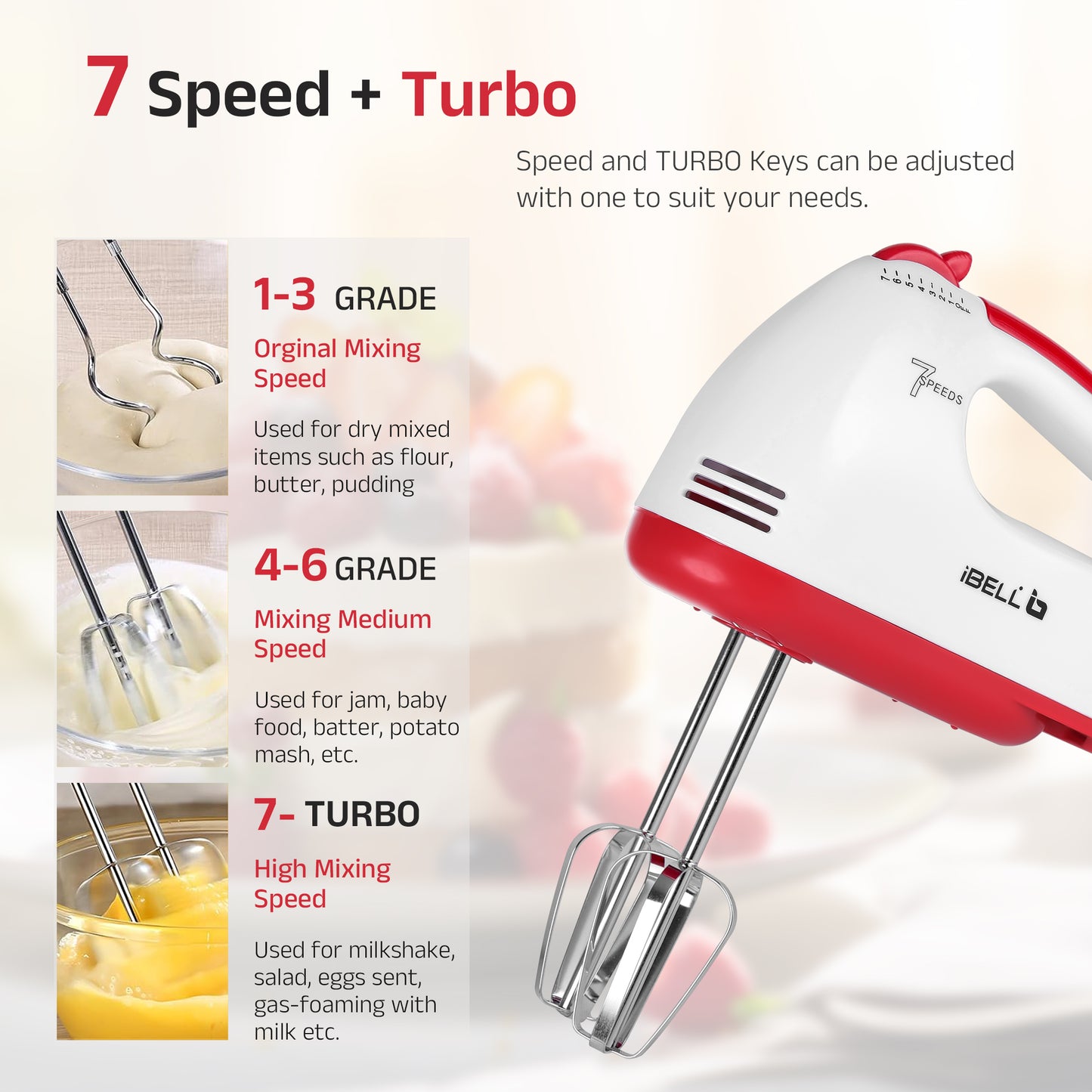 iBELL WHISK280 Hand Mixer, 280W, 7 Speed Control Plus Turbo, Beater/Blender/Electric Cream Maker for Cakes, stainless, Dough Hooks (White)