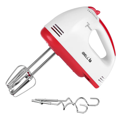 iBELL WHISK280 Hand Mixer, 280W, 7 Speed Control Plus Turbo, Beater/Blender/Electric Cream Maker for Cakes, stainless, Dough Hooks (White)