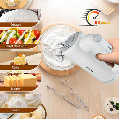 iBELL WHISK350 Electric Hand Mixer - 350W with 5 Speed Control, Stainless Steel Beaters & Dough Hooks for Baking, Whipping & Mixing (White)