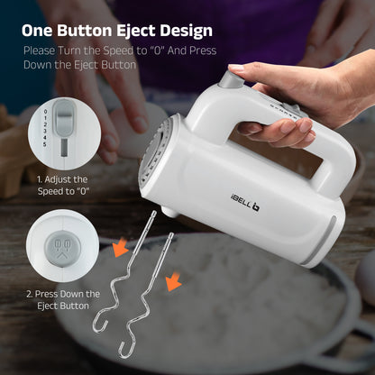 iBELL WHISK350 Electric Hand Mixer - 350W with 5 Speed Control, Stainless Steel Beaters & Dough Hooks for Baking, Whipping & Mixing (White)