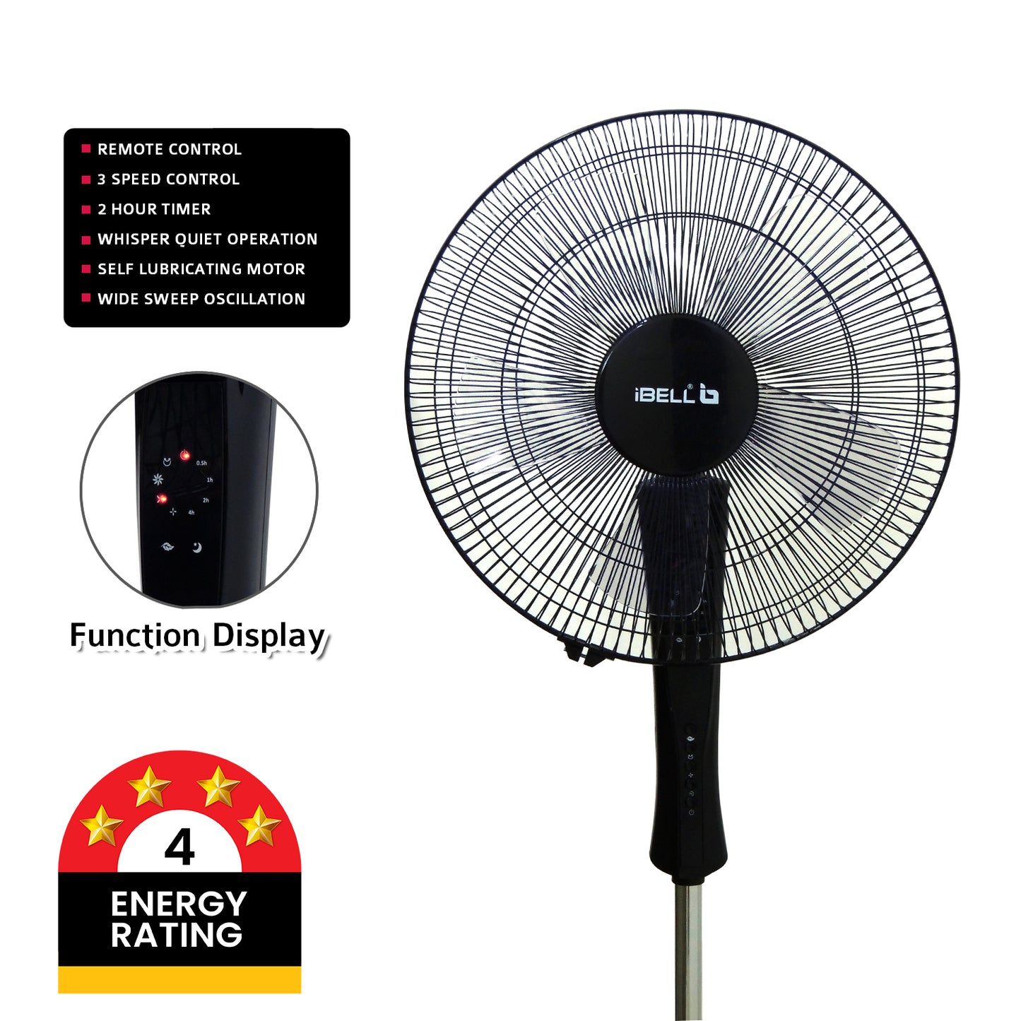 IBELL WINDP10 Pedestal Fan 5 Leaf with Remote and High Air Flow,406mm, 55W, High Speed, 100% Copper & Timer Function, Black