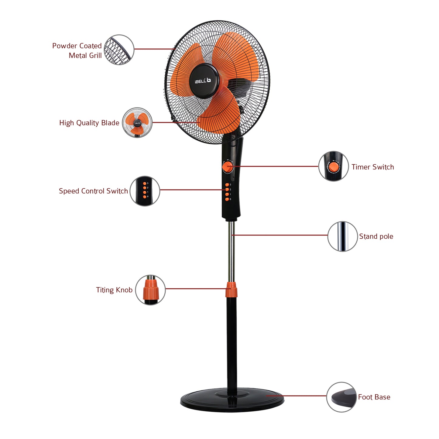 IBELL ZEPHYR03 Pedestal Fan 3 Leaf 400mm with Timer and High Speed motor (Orange)