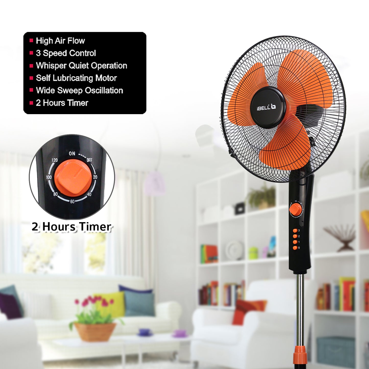 IBELL ZEPHYR03 Pedestal Fan 3 Leaf 400mm with Timer and High Speed motor (Orange)