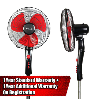 IBELL ZEPHYR03 400mm Pedestal Fan 55W High-Speed Copper Motor, 4 Star Energy Rated, 3 Speed Control, Adjustable Height, 2 Hour Timer, Durable Base (Red)
