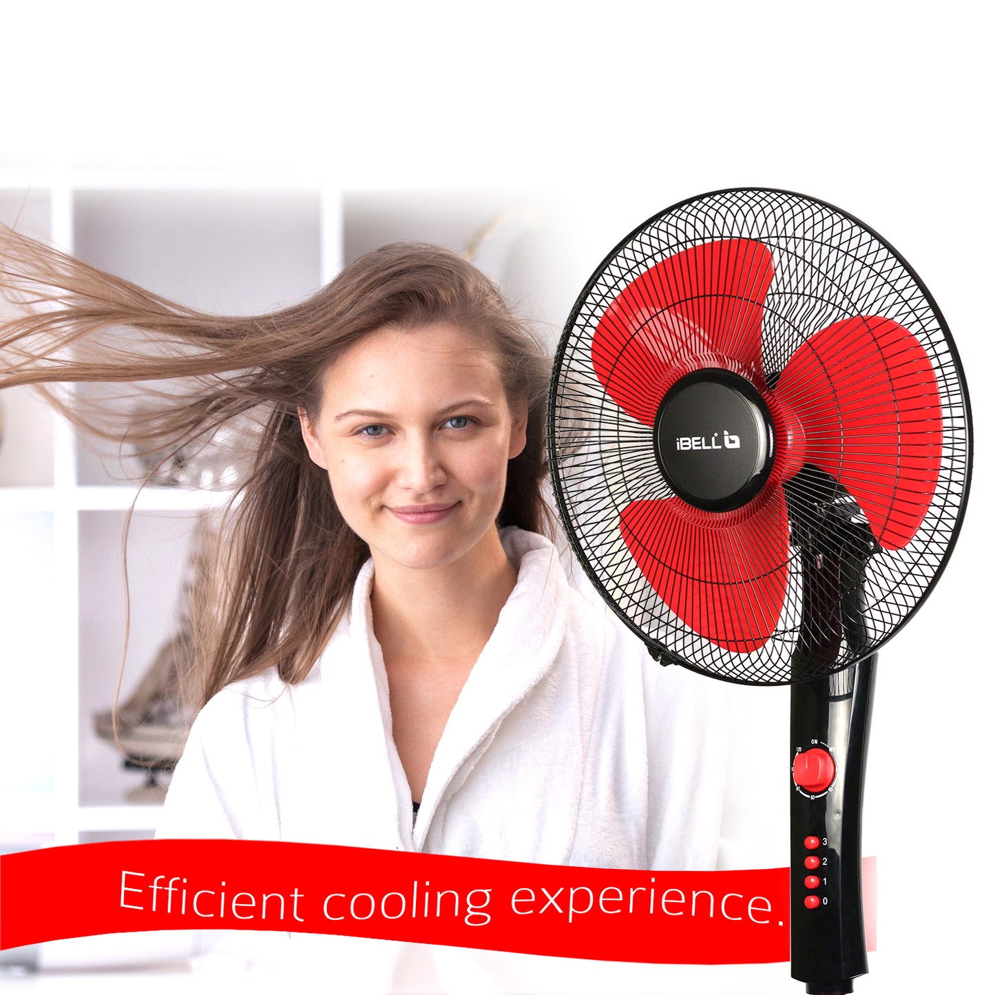 IBELL ZEPHYR03 400mm Pedestal Fan 55W High-Speed Copper Motor, 4 Star Energy Rated, 3 Speed Control, Adjustable Height, 2 Hour Timer, Durable Base (Red)