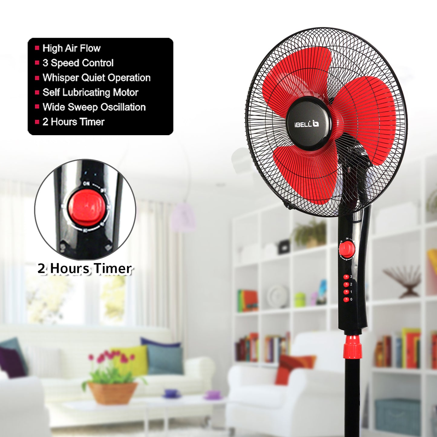 IBELL ZEPHYR03 400mm Pedestal Fan 55W High-Speed Copper Motor, 4 Star Energy Rated, 3 Speed Control, Adjustable Height, 2 Hour Timer, Durable Base (Red)