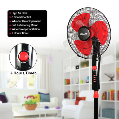 IBELL ZEPHYR03 400mm Pedestal Fan 55W High-Speed Copper Motor, 4 Star Energy Rated, 3 Speed Control, Adjustable Height, 2 Hour Timer, Durable Base (Red)