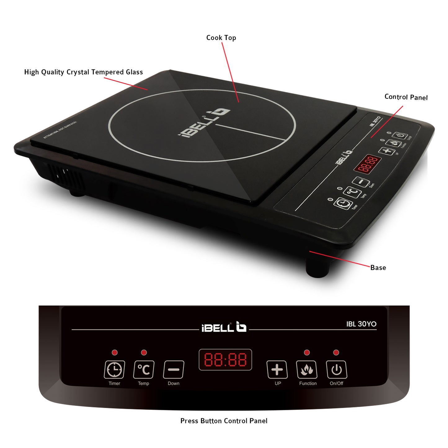 IBELL 30YO Induction Cooktop, 2000W, 2 Yr Warranty, BIS Certified, Crystal Glass Top, Auto Shut Off, Overheat Protection (Black)