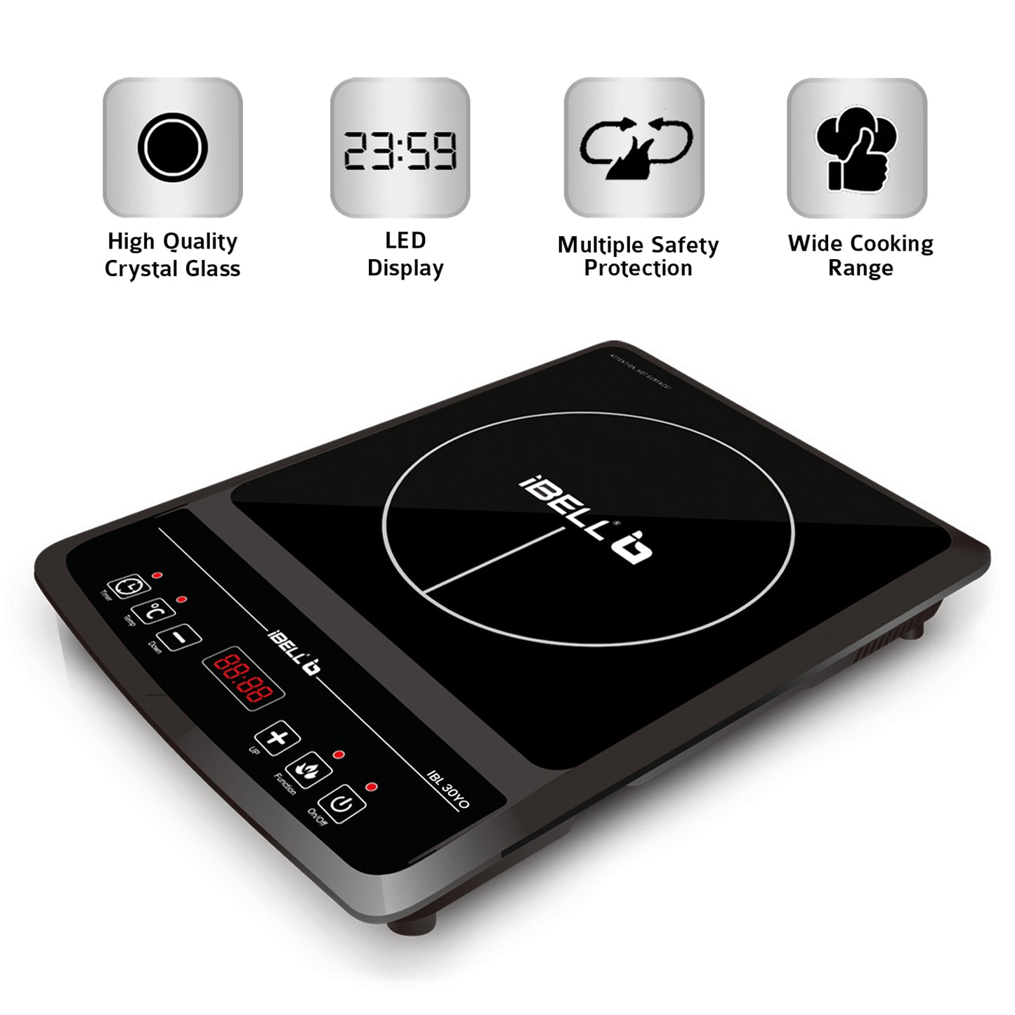 IBELL 30YO Induction Cooktop, 2000W, 2 Yr Warranty, BIS Certified, Crystal Glass Top, Auto Shut Off, Overheat Protection (Black)