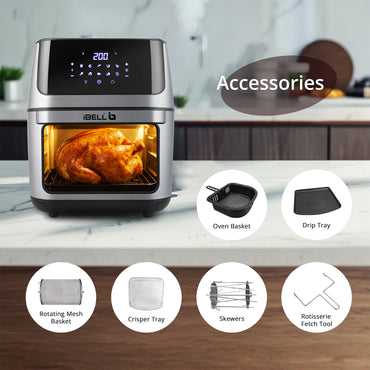 iBELL AF1270M 12L Air Fryer 2000W, 360° Turbo Hot Air Circulation & 10 Presets, Includes Rotisserie, Skewer Set, Rotating Mesh Basket & Crisper Tray. Auto-Off (BLACK)
