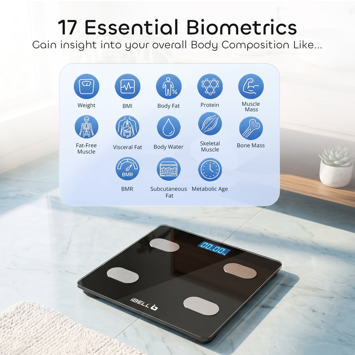 iBELL BS260BT Smart Weight Machine for Body weight, Weighing Scale with Bluetooth, Tempered Glass, LCD Display (Black)