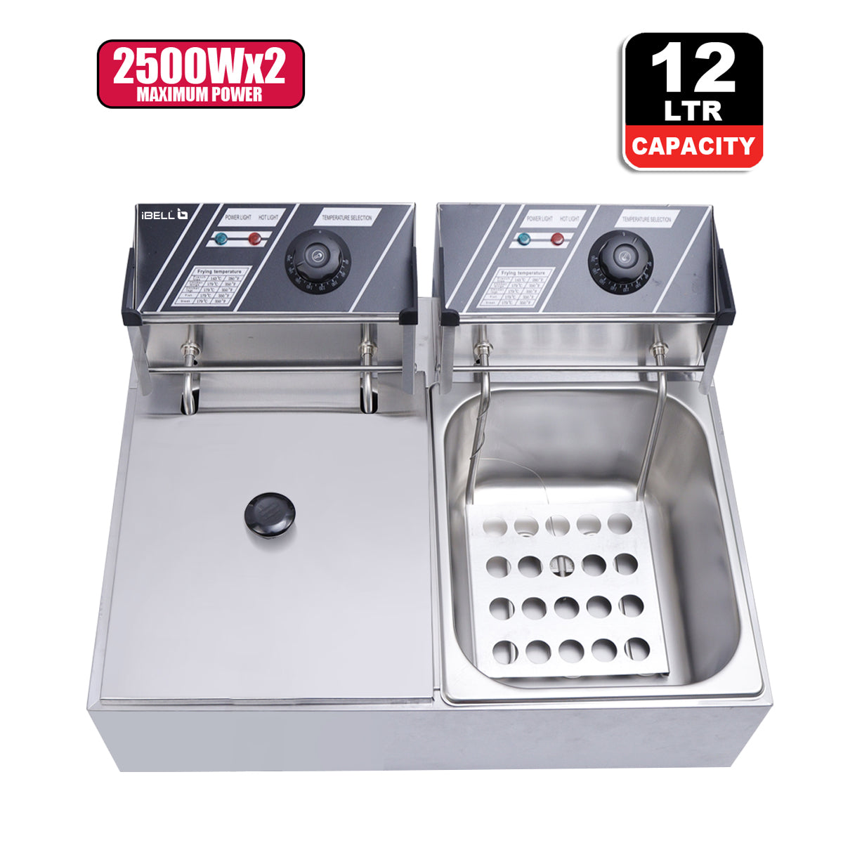 iBELL DF620M Deep Fryer Electric 12 Litre Stainless Steel 2500W, Double Tank/Basket, Variable Temperature Control, Silver