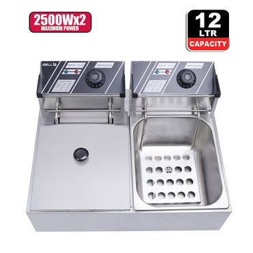 iBELL DF620M Deep Fryer Electric 12 Litre Stainless Steel 2500W, Double Tank/Basket, Variable Temperature Control, Silver