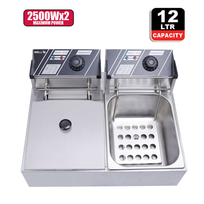 iBELL DF620M Deep Fryer Electric 12 Litre Stainless Steel 2500W, Double Tank/Basket, Variable Temperature Control, Silver