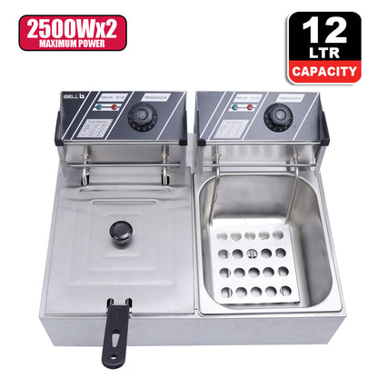 iBELL DF620M Deep Fryer Electric 12 Litre Stainless Steel 2500W, Double Tank/Basket, Variable Temperature Control, Silver