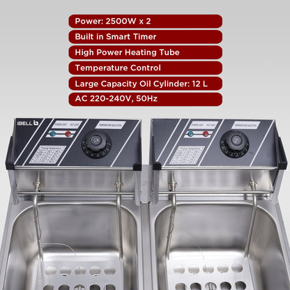 iBELL DF620M Deep Fryer Electric 12 Litre Stainless Steel 2500W, Double Tank/Basket, Variable Temperature Control, Silver
