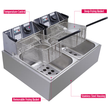 iBELL DF620M Deep Fryer Electric 12 Litre Stainless Steel 2500W, Double Tank/Basket, Variable Temperature Control, Silver