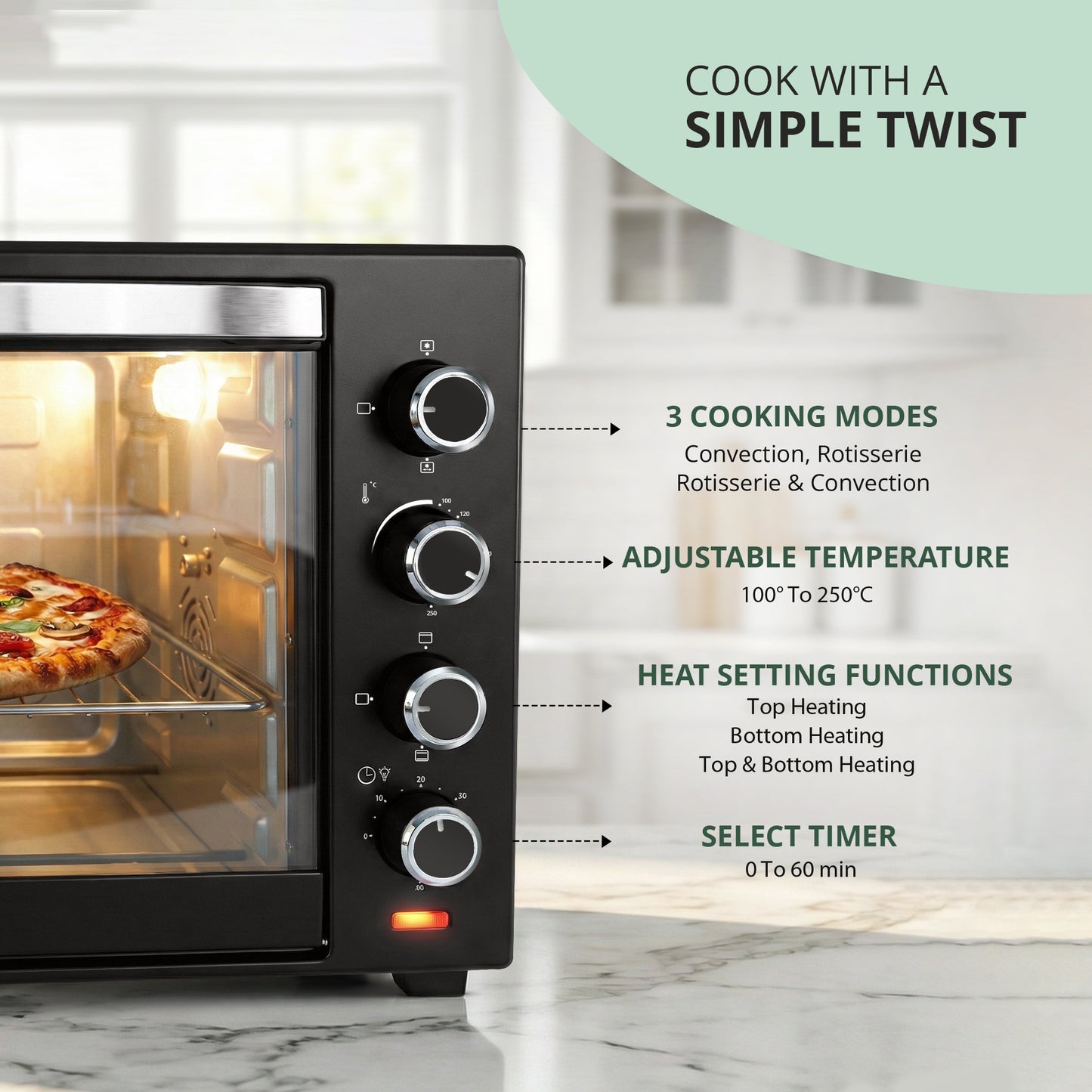 IBELL 60 Litre Electric Oven Toaster Grill OTG with Convection & Rotisserie, 2000 Watt, Multiple Heating Options, Adjustable Temperature, IBLEO60LGDLX (Black)