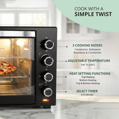 IBELL 60 Litre Electric Oven Toaster Grill OTG with Convection & Rotisserie, 2000 Watt, Multiple Heating Options, Adjustable Temperature, IBLEO60LGDLX (Black)