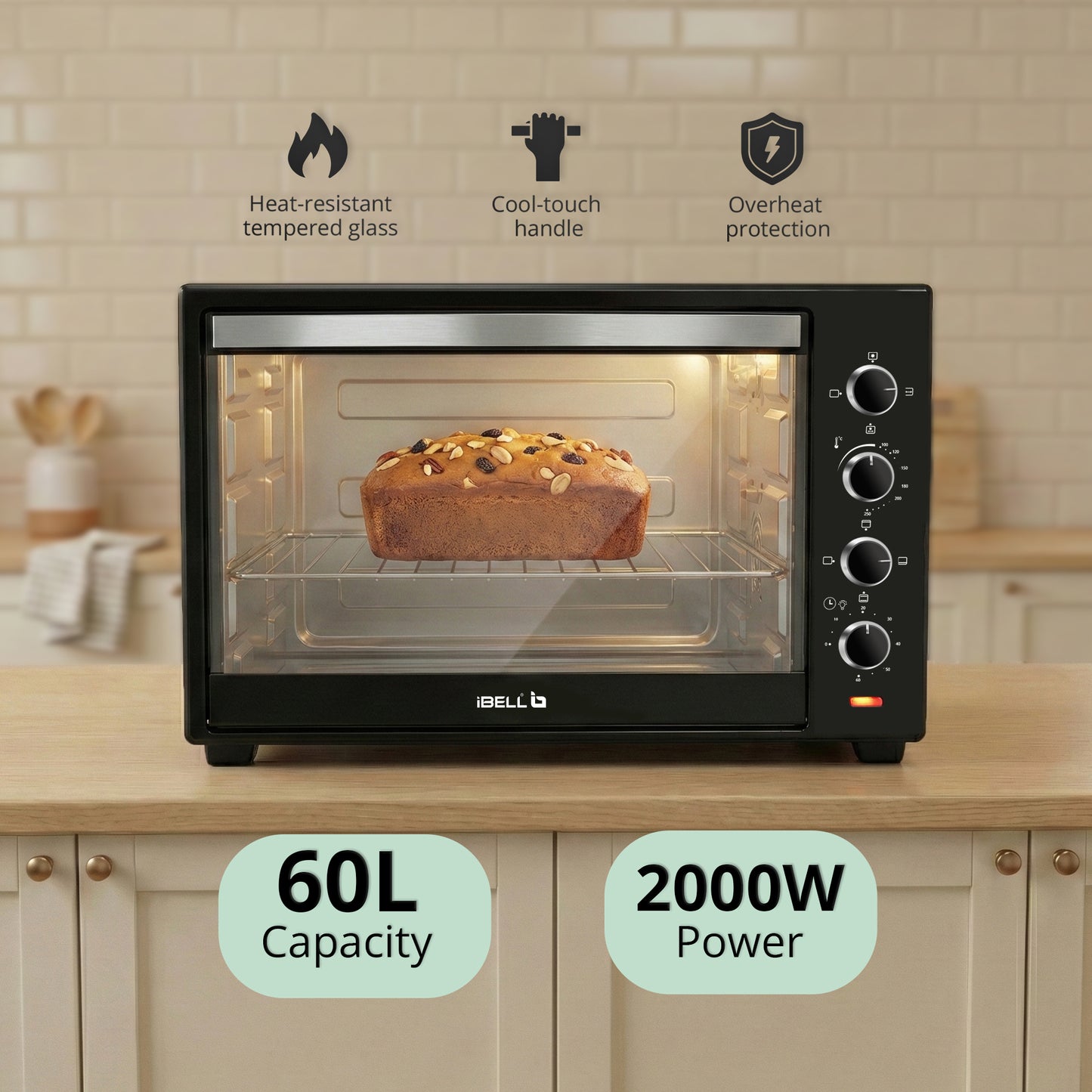 IBELL 60 Litre Electric Oven Toaster Grill OTG with Convection & Rotisserie, 2000 Watt, Multiple Heating Options, Adjustable Temperature, IBLEO60LGDLX (Black)