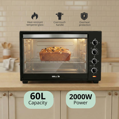 IBELL 60 Litre Electric Oven Toaster Grill OTG with Convection & Rotisserie, 2000 Watt, Multiple Heating Options, Adjustable Temperature, IBLEO60LGDLX (Black)