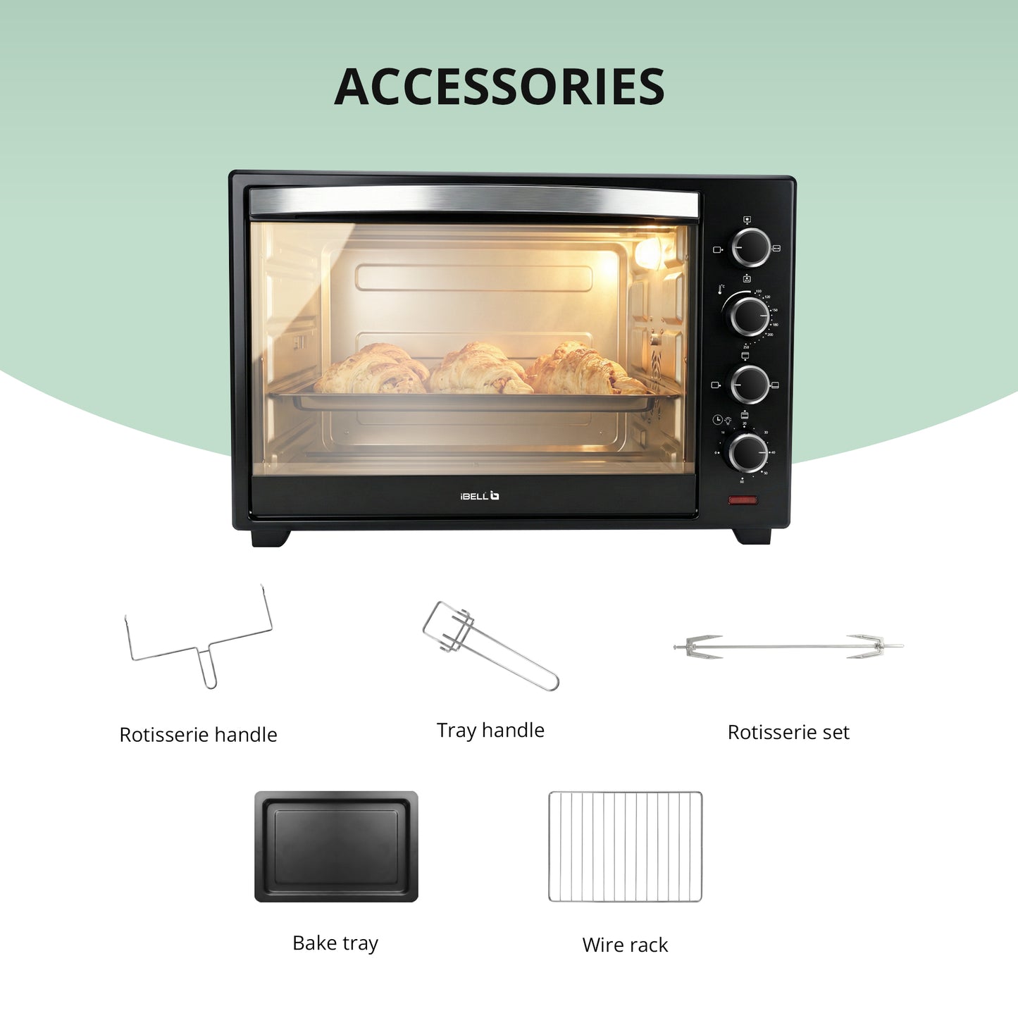 IBELL 60 Litre Electric Oven Toaster Grill OTG with Convection & Rotisserie, 2000 Watt, Multiple Heating Options, Adjustable Temperature, IBLEO60LGDLX (Black)