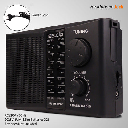 IBL FM180BT Portable 4 Band FM Radio with Bluetooth Speaker, USB/SD Slot, MP3 Player & Dynamic Speaker (Black)