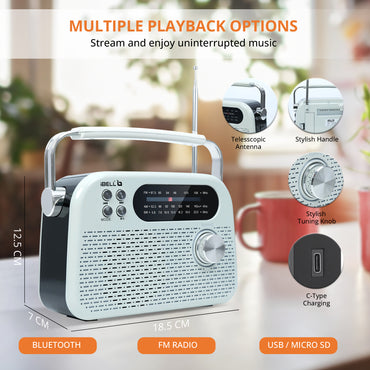 iBELL FM730BT Portable FM Radio with Bluetooth Speaker, USB, SD Slot, MP3 Player & Dynamic Speaker, 3 Band, Rechargeable with C-Type Charging Port (White)