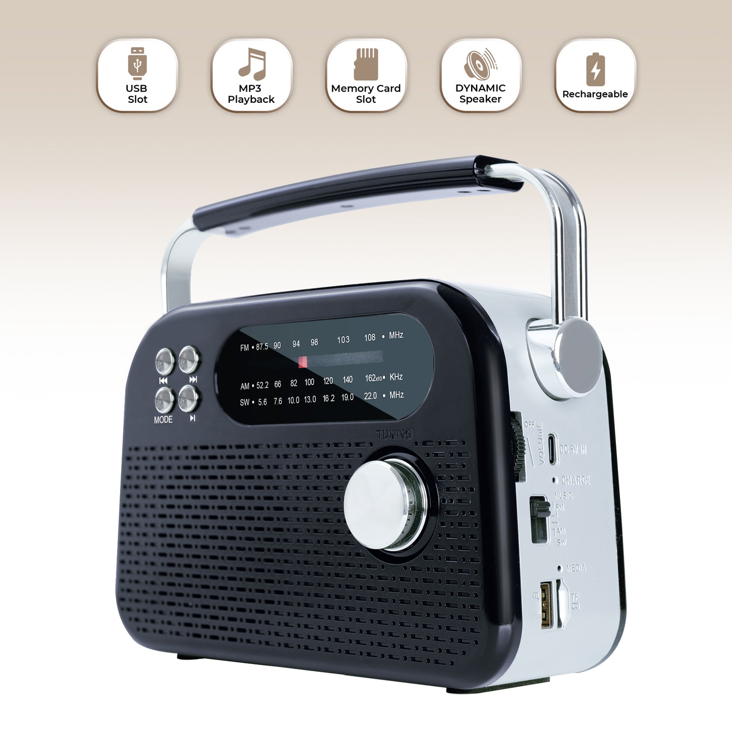 CASTOR iBELL FM820BT Portable FM Radio with Bluetooth Speaker, Rechargeable Battery, USB SD MP3 Player & Dynamic Speaker 3 Band, Black