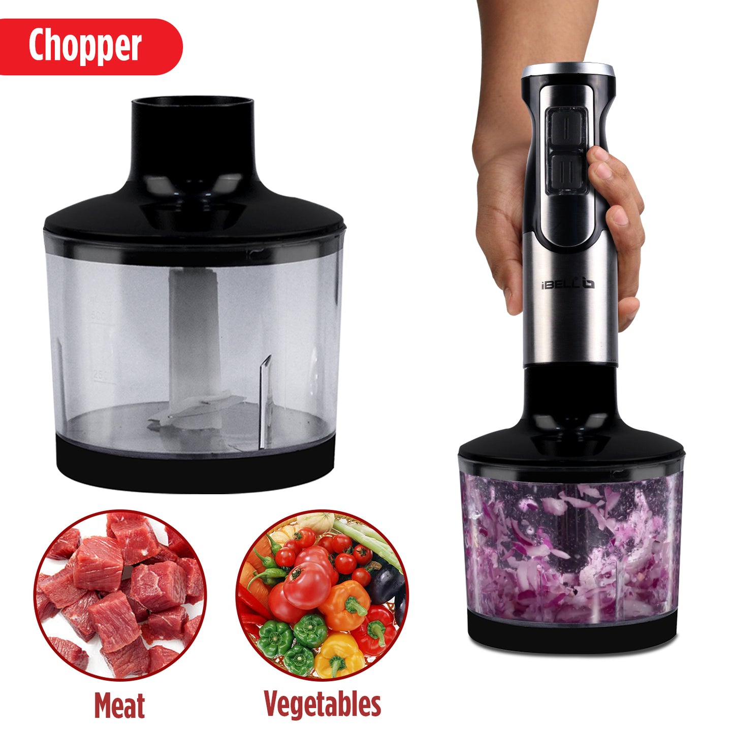 iBELL HB1000J 5-in-1 Hand Blender, 1000Watt, Adjustable Speed Control, Hand Mixer with Whisker/Beater, Immersion Blender, Vegetable Chopper & 600ml Container (Black)