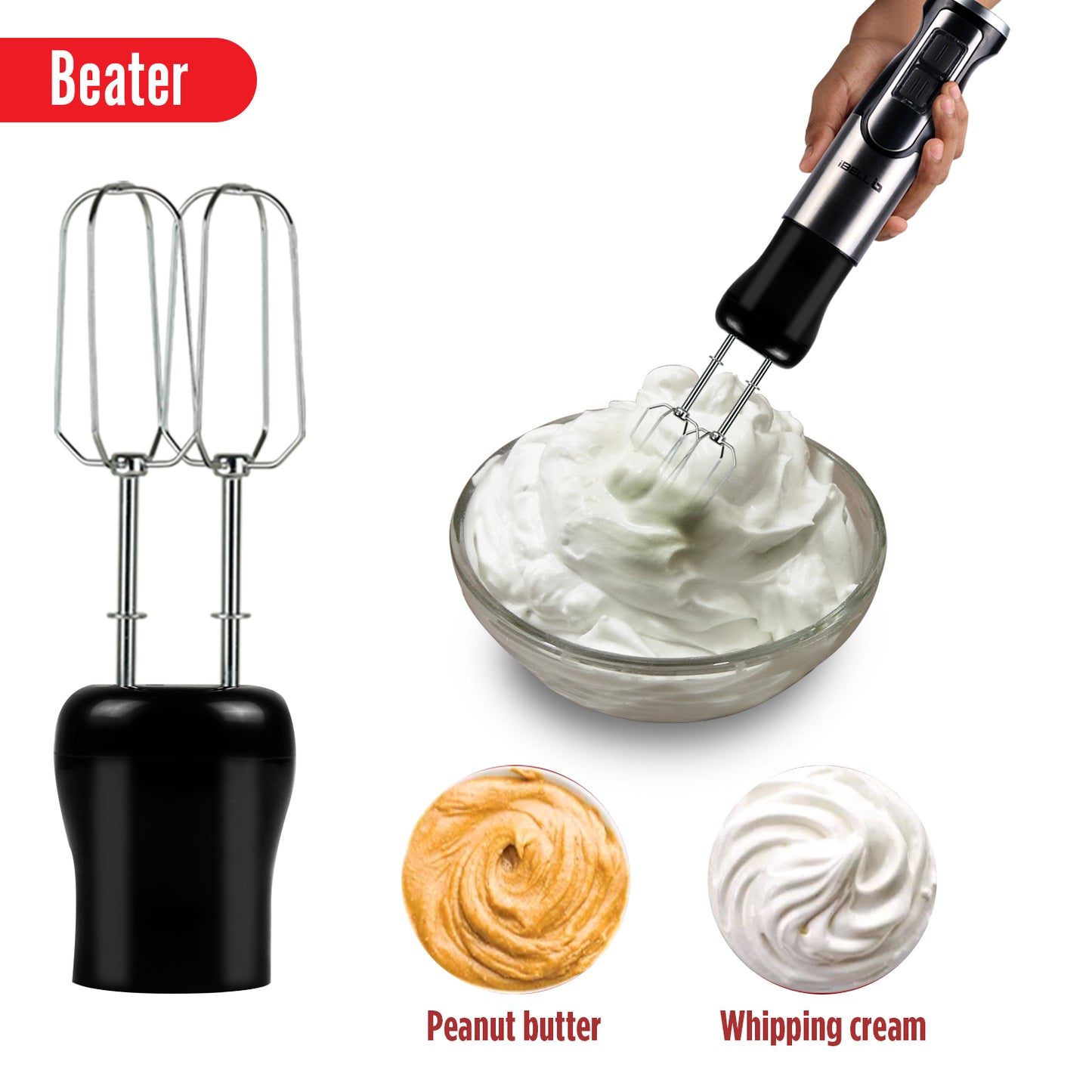 iBELL HB1000J 5-in-1 Hand Blender, 1000Watt, Adjustable Speed Control, Hand Mixer with Whisker/Beater, Immersion Blender, Vegetable Chopper & 600ml Container (Black)