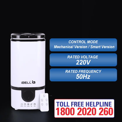 iBELL Humidifier for room with Remote, Digital display, 4.5L, Ultrasonic, Adjustable Mist Output, Super Quiet 360° Nozzle, Lasts Up To 24 Hrs, Essential Oil Diffuser, HU450RB (White)