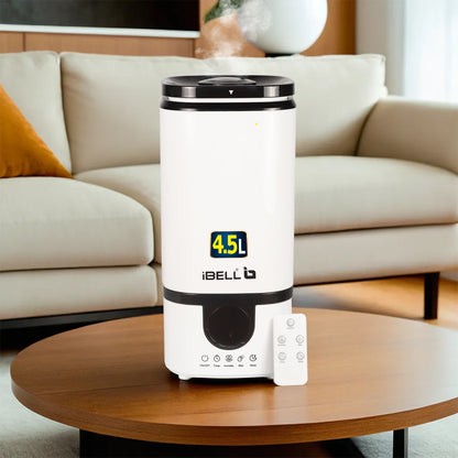 iBELL Humidifier for room with Remote, Digital display, 4.5L, Ultrasonic, Adjustable Mist Output, Super Quiet 360° Nozzle, Lasts Up To 24 Hrs, Essential Oil Diffuser, HU450RB (White)