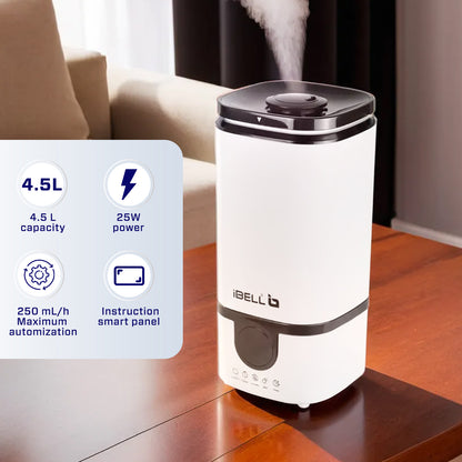 iBELL Humidifier for room with Remote, Digital display, 4.5L, Ultrasonic, Adjustable Mist Output, Super Quiet 360° Nozzle, Lasts Up To 24 Hrs, Essential Oil Diffuser, HU450RB (White)