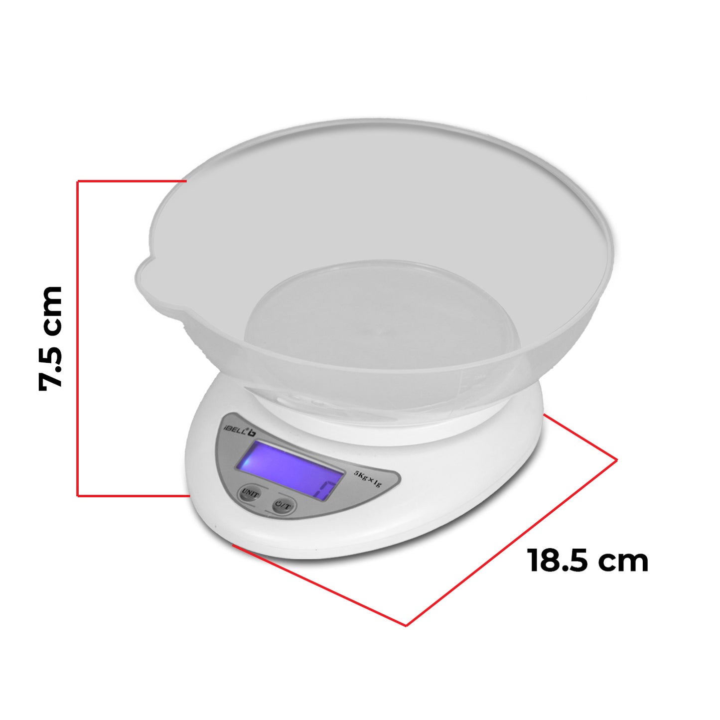 iBELL Digital Kitchen Weighing Scale for Health, LCD Display, High Precision Sensors, Tare Function, up to 5KG, Portable Food Weight Machine for Health, Fitness, Home Baking & Cooking - KS501M (White)