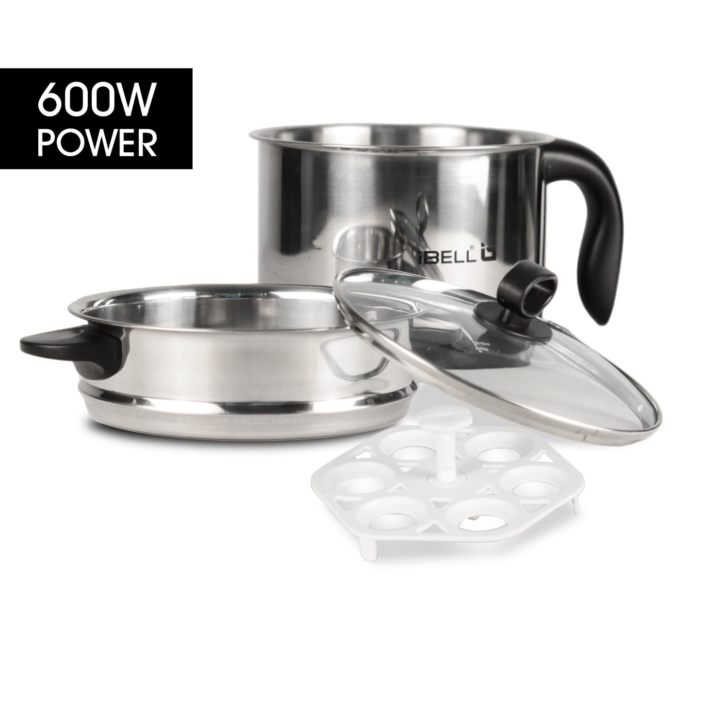 IBELL MPK12M Multipurpose Electric Kettle, 1.2 Litre, 600W, 2 Cooking Pots & Egg Boiler, Temperature Control, For boiling Water, Egg, Stainless Steel Body (Silver)