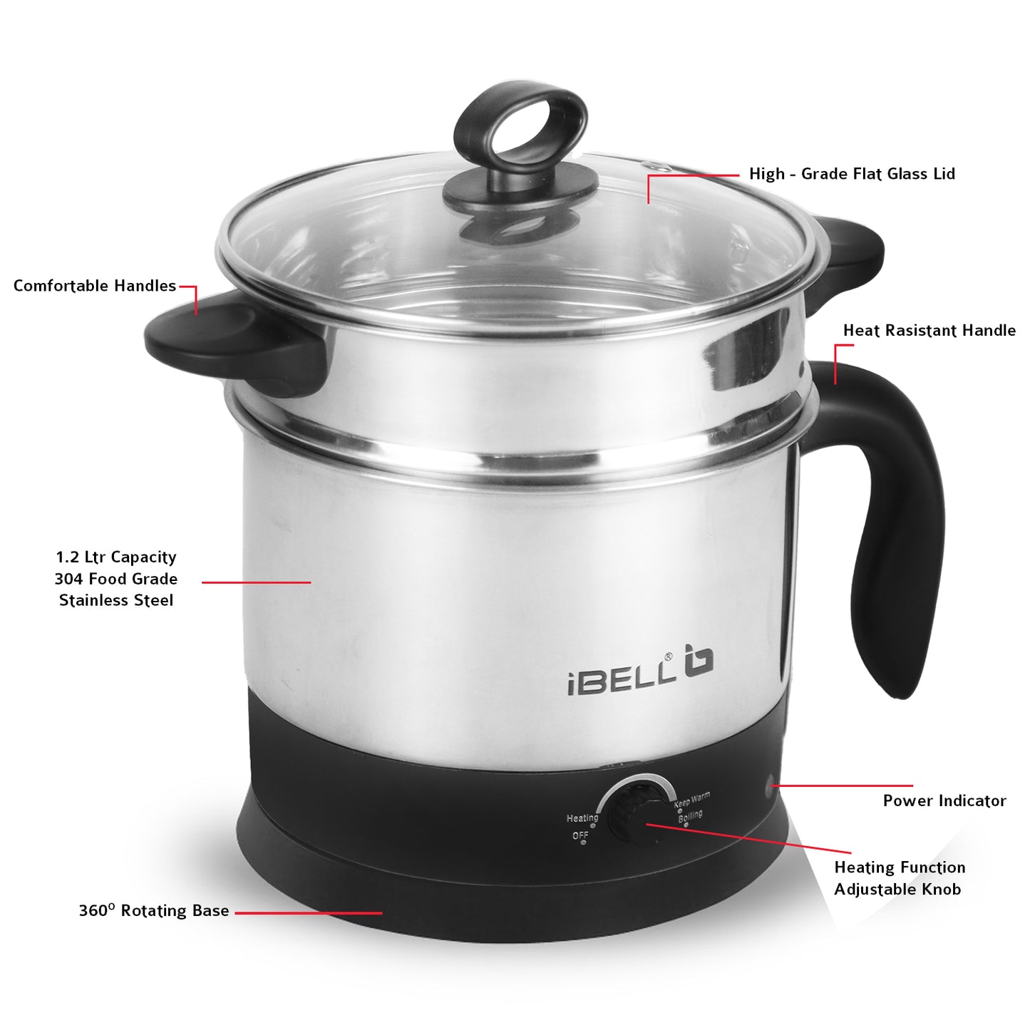 IBELL MPK12M Multipurpose Electric Kettle, 1.2 Litre, 600W, 2 Cooking Pots & Egg Boiler, Temperature Control, For boiling Water, Egg, Stainless Steel Body (Silver)