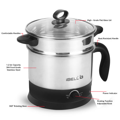 IBELL MPK12M Multipurpose Electric Kettle, 1.2 Litre, 600W, 2 Cooking Pots & Egg Boiler, Temperature Control, For boiling Water, Egg, Stainless Steel Body (Silver)