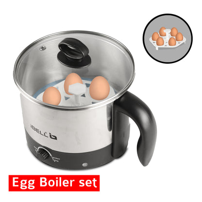 IBELL MPK12M Multipurpose Electric Kettle, 1.2 Litre, 600W, 2 Cooking Pots & Egg Boiler, Temperature Control, For boiling Water, Egg, Stainless Steel Body (Silver)
