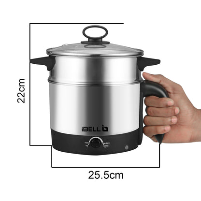 IBELL MPK12M Multipurpose Electric Kettle, 1.2 Litre, 600W, 2 Cooking Pots & Egg Boiler, Temperature Control, For boiling Water, Egg, Stainless Steel Body (Silver)