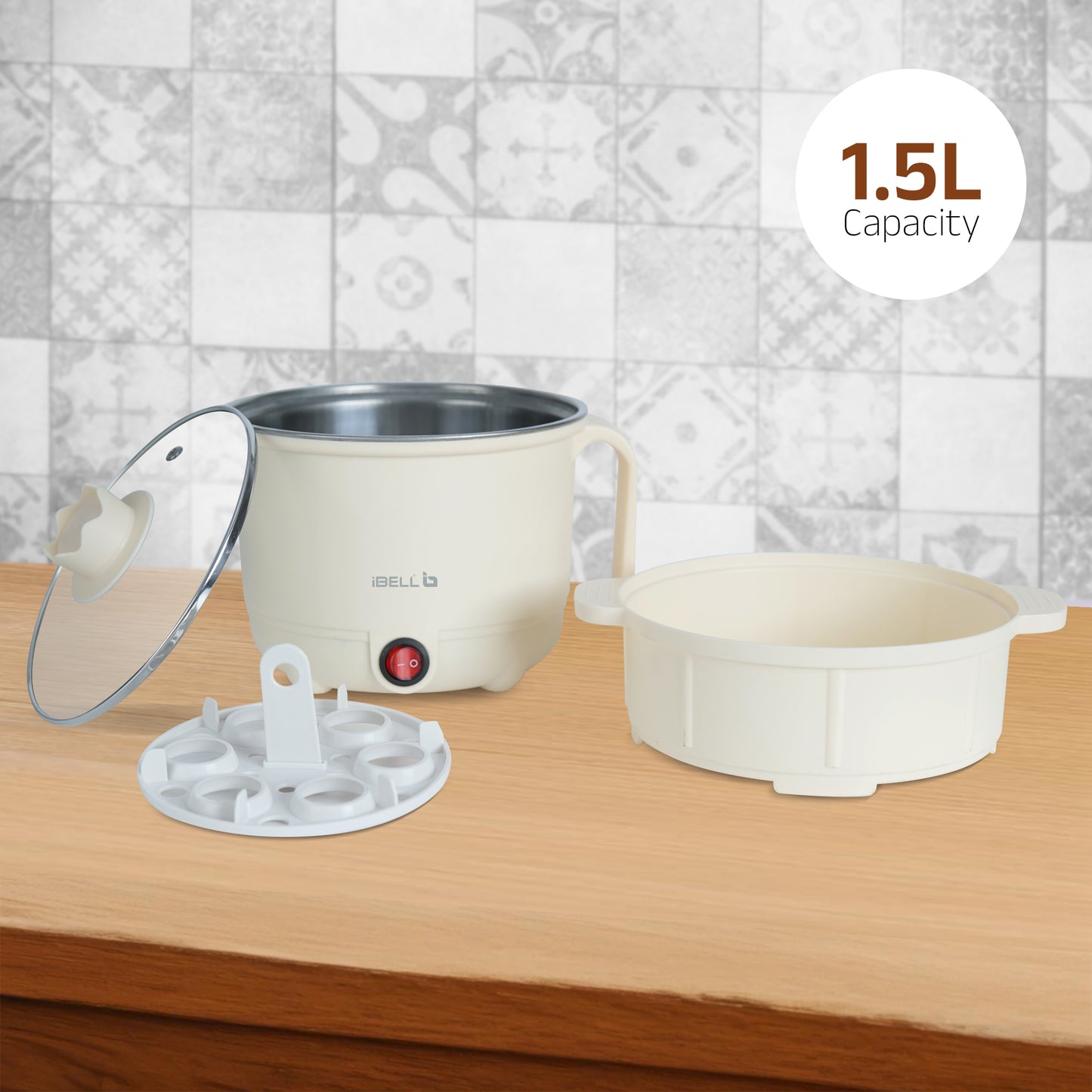 IBELL MPK150PM Multipurpose Electric Kettle, 1.5 Litre, 600W, 2 Cooking Pots & Egg Boiler, Temperature Control, For boiling Water, Egg, Stainless Steel Body (White)