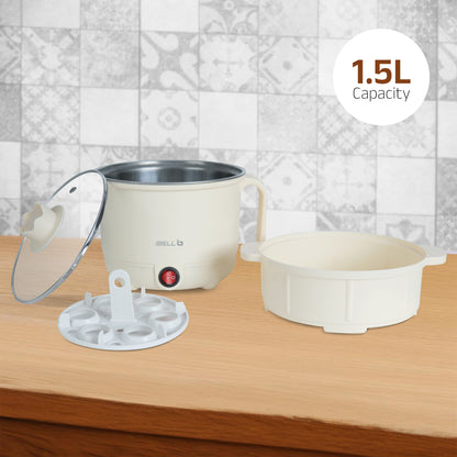 IBELL MPK150PM Multipurpose Electric Kettle, 1.5 Litre, 600W, 2 Cooking Pots & Egg Boiler, Temperature Control, For boiling Water, Egg, Stainless Steel Body (White)