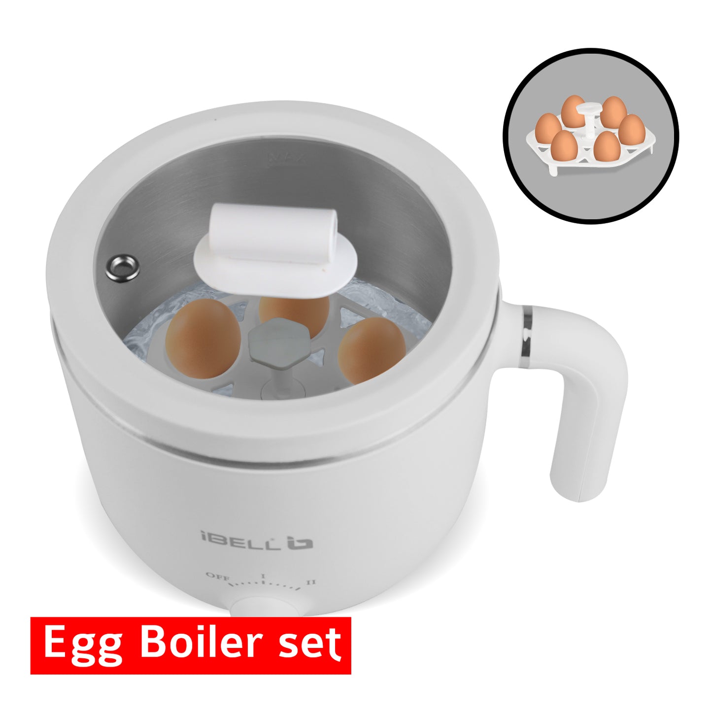 IBELL MPK15M Multipurpose Electric Kettle, 1.5 Litre, 800W, 2 Cooking Pots & Egg Boiler, Temperature Control, For boiling Water, Egg, Stainless Steel Body (White)