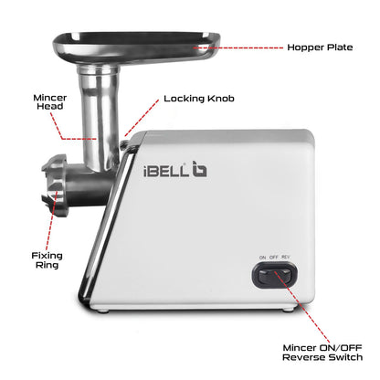 iBELL Stainless Steel Mt1750Y Meat Grinder, 1800W, Heavy Duty Mincer Machine for Mincing/Chopping Meat, Keema/Sausage/Kebab Maker (Silver)