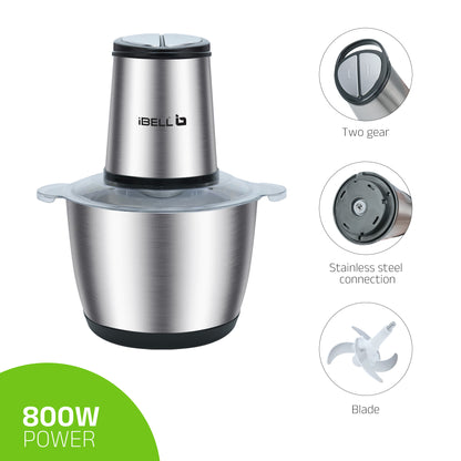 IBELL MT300SM Electric Chopper - 3 Litre Stainless Steel Bowl, 800W, Multi Purpose for Cutting Slicing Meat, Vegetables, Nuts & Fruits (Silver)