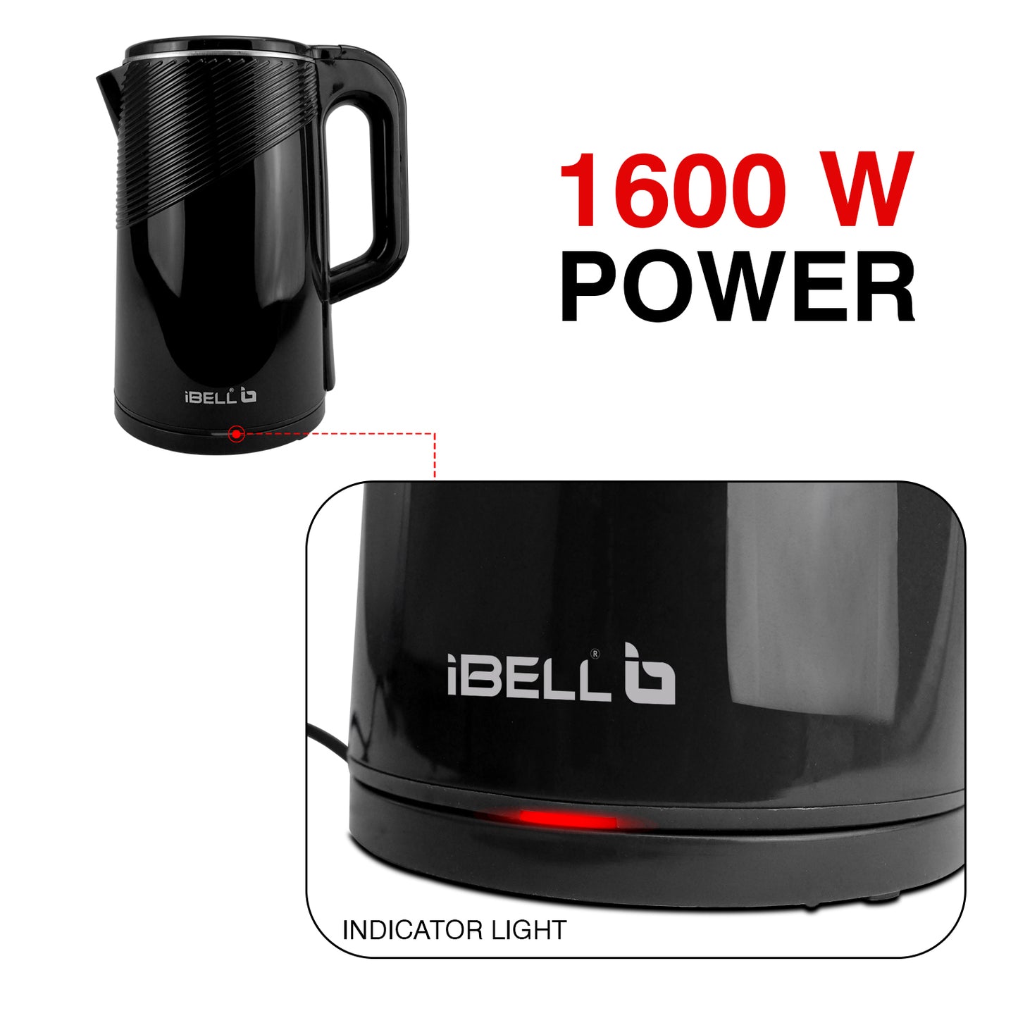 iBELL Pek20Bkplus Premium Stainless Steel Electric Kettle, 2.0 Litre, Auto Cut-Off Feature, 360 Degree Rotating Base, Shock Proof Insulated Body (Black, 1600 Watts, 2 L)