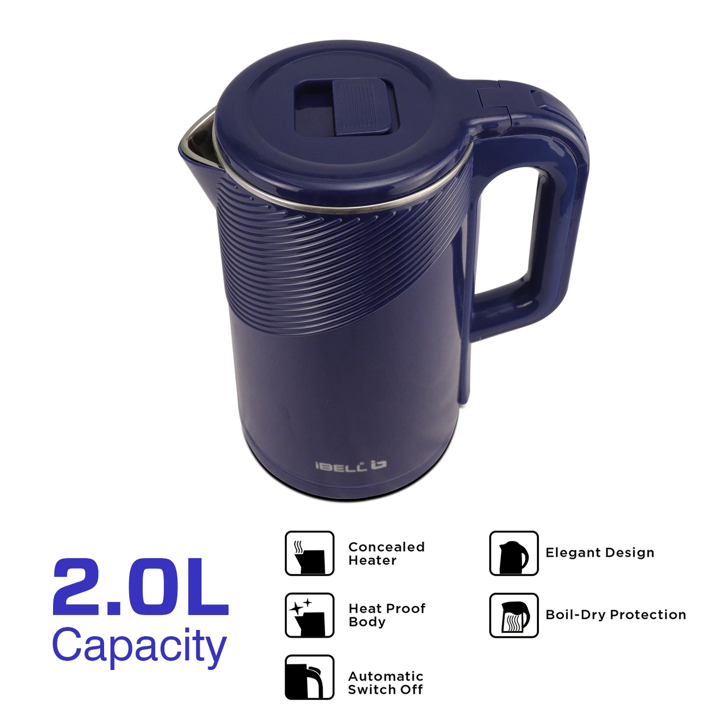 iBELL PEK20BLPLUS Premium Electric Kettle, 2 Litre, 1600W, Auto Cut-Off Feature, Stainless Steel with Insulation, 360 degree Rotating Base, Safety Lid With Locking Mechanism (Blue)