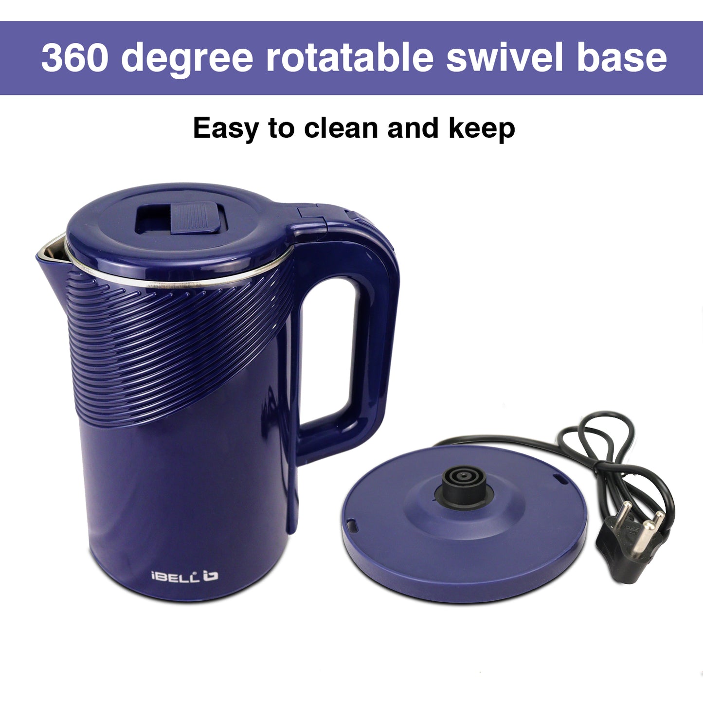 iBELL PEK20BLPLUS Premium Electric Kettle, 2 Litre, 1600W, Auto Cut-Off Feature, Stainless Steel with Insulation, 360 degree Rotating Base, Safety Lid With Locking Mechanism (Blue)