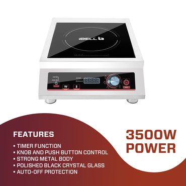 IBELL RAPID PLUS Induction Cooktop, Commercial Purpose & Heavy Duty, 3500W, Toughened Glass Top, Strong Metal Body, Auto-Off Protection, Timer Function, For Restaurants & Hotels (Silver)